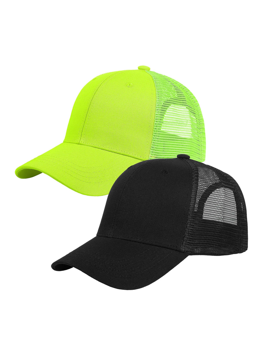 Trucker Hat Baseball Cap Structured Plain | 2 Pack, Black, Neon Green | Size OS